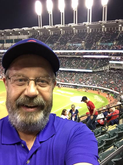 Ultimate Strat Baseball Newsletter, Photo of Kevin Thomas at Progress Field as the Cubs win Game 7 of the 2016 World Series, Kevin is a member of an SOM Baseball League