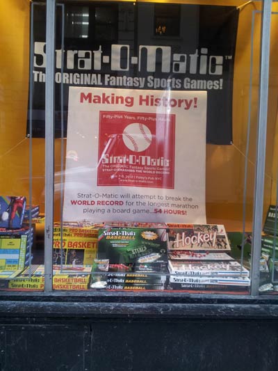 Ultimate Strat Baseball Newsletter, Photo of Compleat Strategist window display of Strat-o-matic Games during their 50th Anniversary by Mark Heil