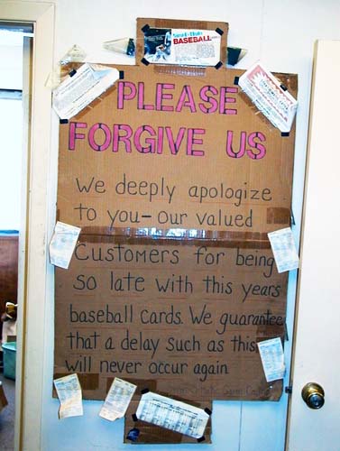 Special Sign at the Strat-o-matic Game Company apologize for sending baseball cards out late