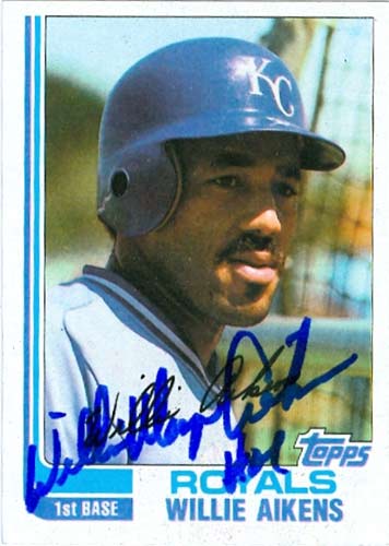 Ultimate Strat Baseball Newsletter, Image of Topps Baseball card with signature of ex-MLB player Willike Aikens when playing for the Kansas City Royals in the 1980s