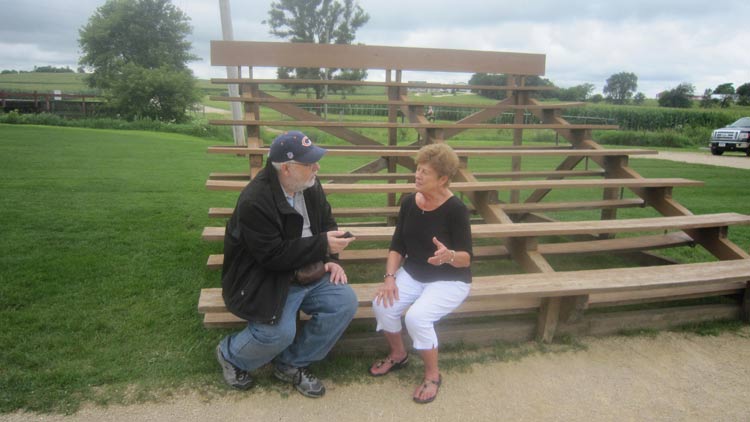 Ultimate Strat Baseball - Photo from 3rd base bleachers of the Baseball Field on the Fields of Dreams Movie Site, July 2016, Wolfman Shapiro interviewing Betty Lansing (former name)