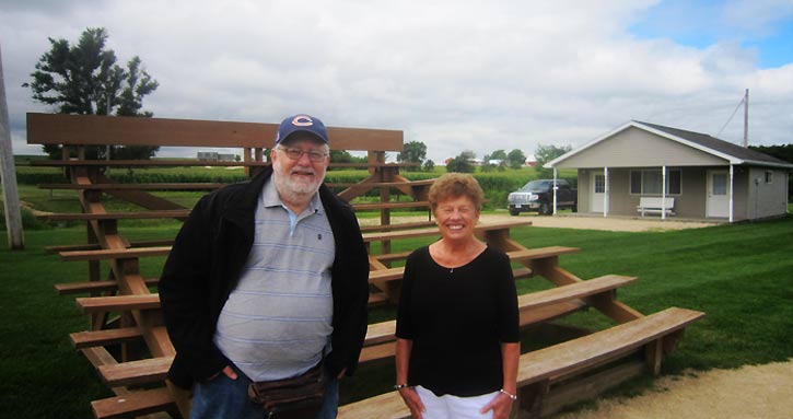 Ultimate Strat Baseball Newsletter -Wolfman and Betty Lansing together on the Field of Dreams Baseball Field by the 3rd base bleachers, July 2016